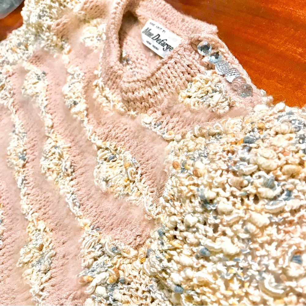 Mme Defarge Hand knit sweater angora detail and crystal buttons
